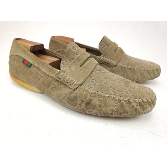 Gucci Guccissima Suede Embossed GG Beige Driving Loafers Size 8.5 US 9-9.5 - Picture 3 of 14